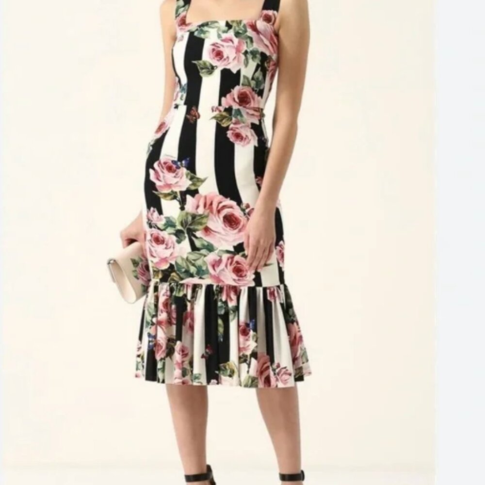 Dolce & Gabbana Silk Black & White Stripe Floral Midi Dress Fluted, size 44 (8)